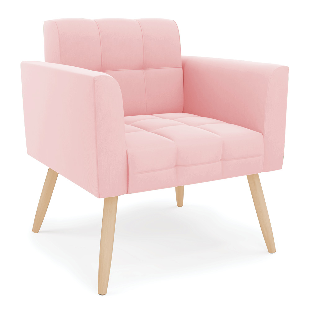 Kit 1 Sofá Namoradeira e 2 Poltronas Elisa Suede Rosa Bebê Pés Palito Natural - D'Rossi