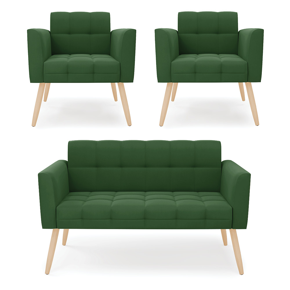 Kit 1 Sofá Namoradeira e 2 Poltronas Elisa Suede Verde Pés Palito Natural - D'Rossi