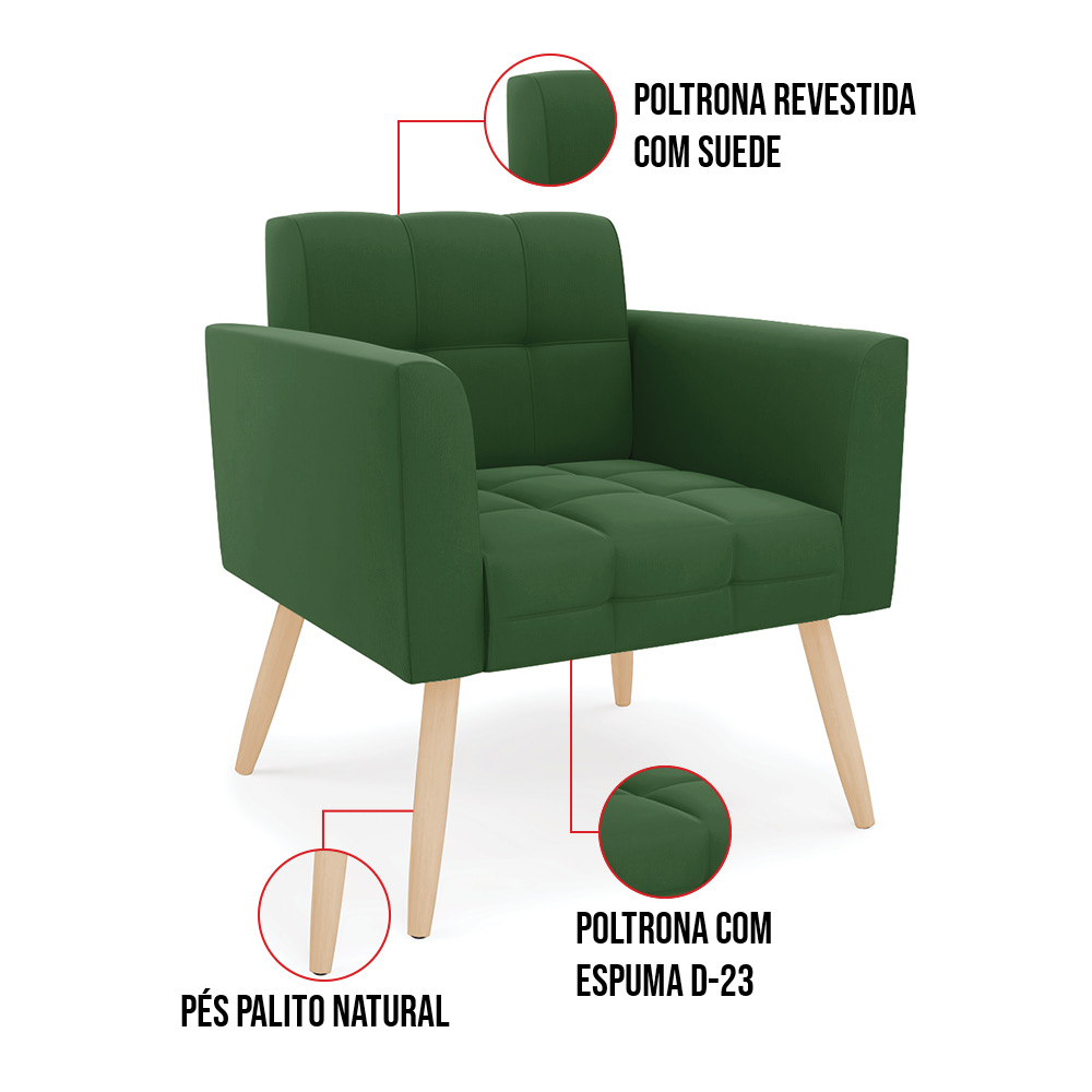 Kit 1 Sofá Namoradeira e 2 Poltronas Elisa Suede Verde Pés Palito Natural - D'Rossi