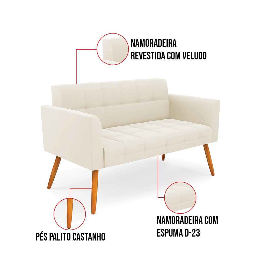 Kit 1 Sofá Namoradeira e 2 Poltronas Elisa Veludo Pés Palito Castanho D03 - D'Rossi