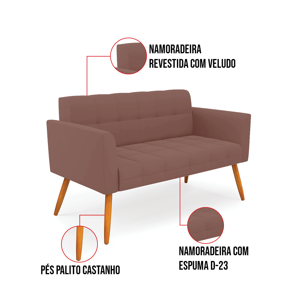 Kit 1 Sofá Namoradeira e 2 Poltronas Elisa Veludo Rosê Pés Palito Castanho - D'Rossi