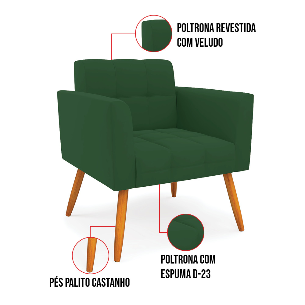 Kit 1 Sofá Namoradeira e 2 Poltronas Elisa Veludo Verde Pés Palito Castanho - D'Rossi