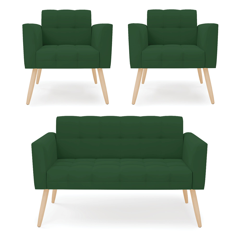 Kit 1 Sofá Namoradeira e 2 Poltronas Elisa Veludo Verde Pés Palito Natural - D'Rossi