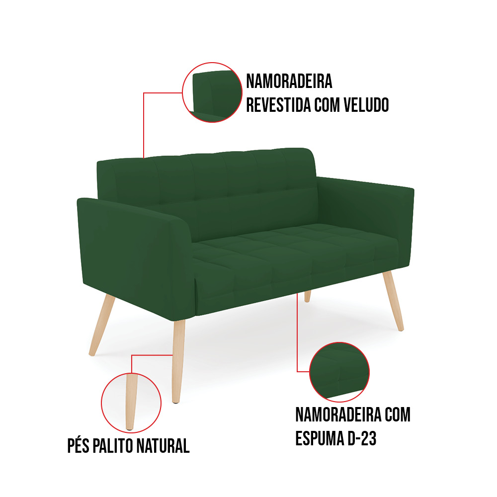 Kit 1 Sofá Namoradeira e 2 Poltronas Elisa Veludo Verde Pés Palito Natural - D'Rossi