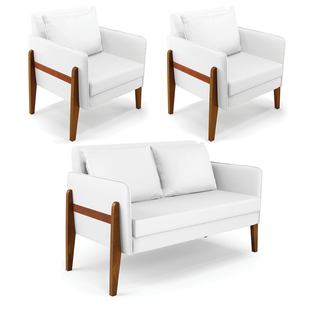 Kit 1 Sofá Namoradeira e 2 Poltronas Lana Sintético Branco Base de Madeira - D'Rossi