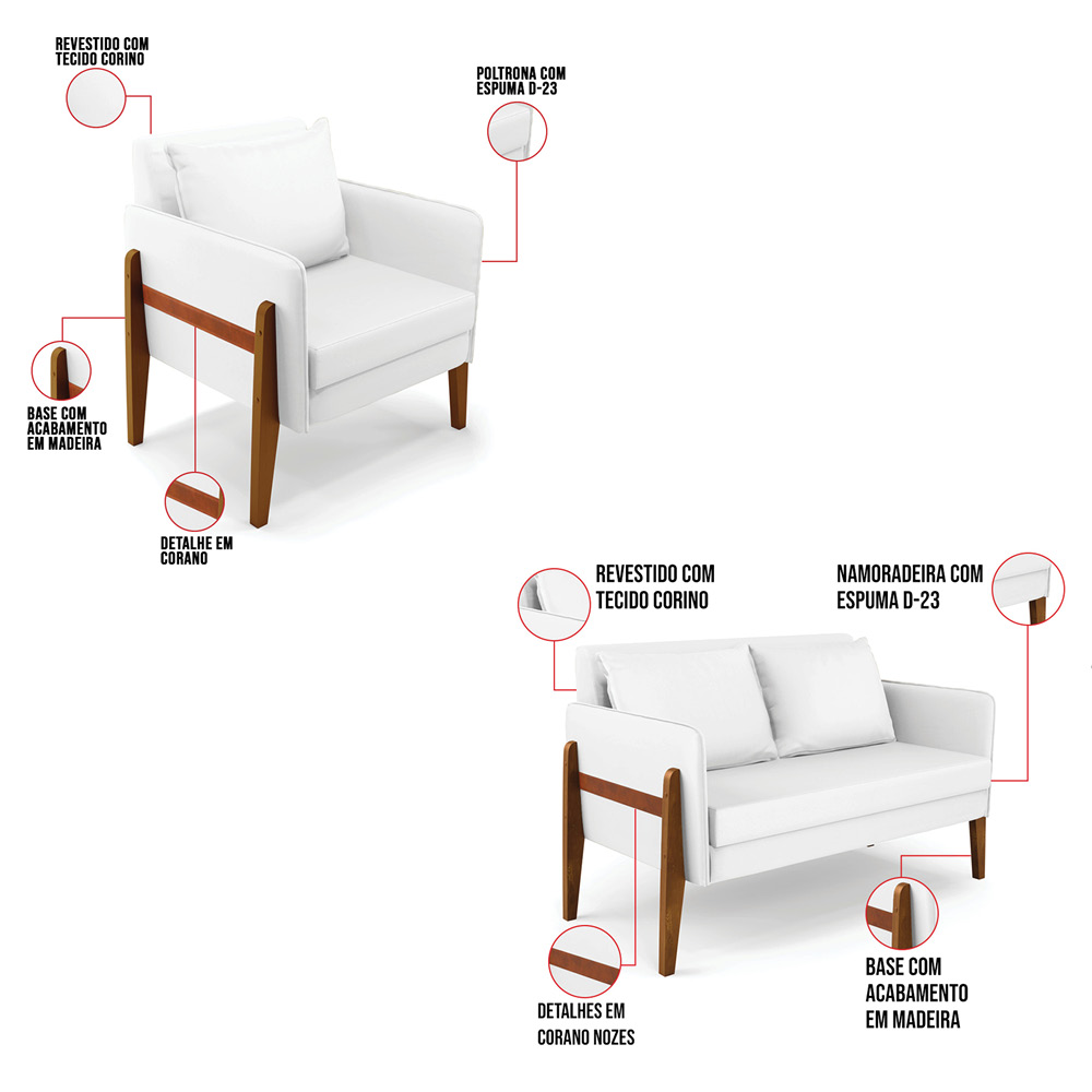 Kit 1 Sofá Namoradeira e 2 Poltronas Lana Sintético Branco Base de Madeira - D'Rossi
