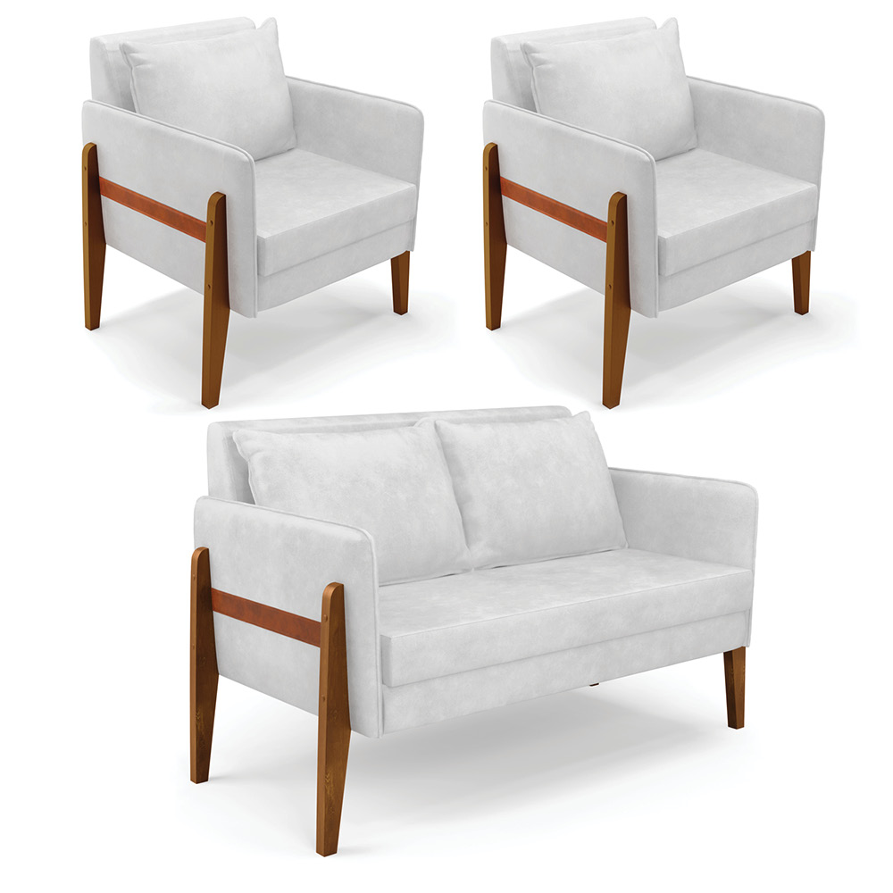 Kit 1 Sofá Namoradeira e 2 Poltronas Lana Sintético PU Branco Base de Madeira - D'Rossi