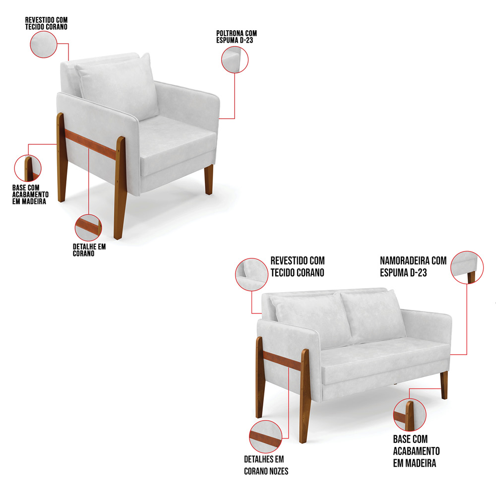 Kit 1 Sofá Namoradeira e 2 Poltronas Lana Sintético PU Branco Base de Madeira - D'Rossi