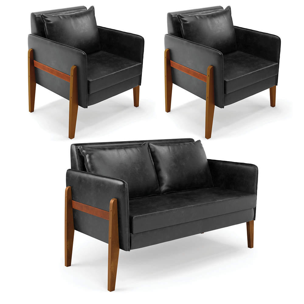 Kit 1 Sofá Namoradeira e 2 Poltronas Lana Sintético PU Preto Base de Madeira - D'Rossi