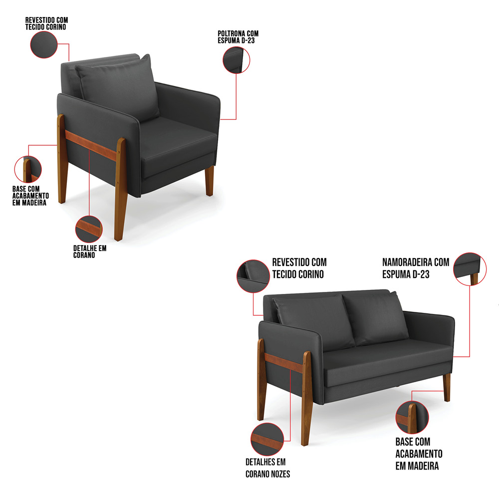Kit 1 Sofá Namoradeira e 2 Poltronas Lana Sintético Preto Base de Madeira - D'Rossi