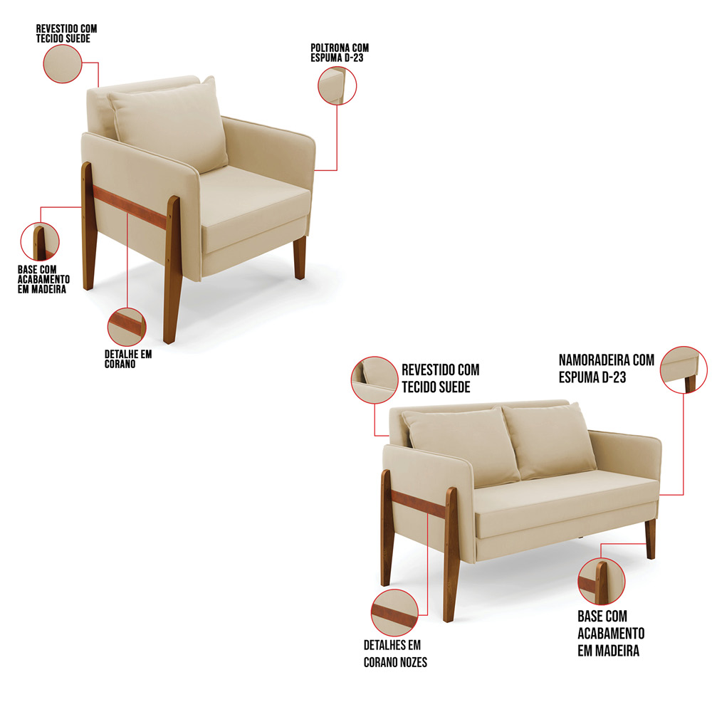 Kit 1 Sofá Namoradeira e 2 Poltronas Lana Suede Base de Madeira - D'Rossi