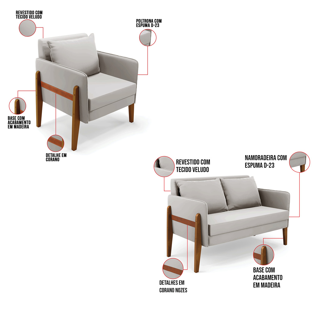 Kit 1 Sofá Namoradeira e 2 Poltronas Lana Veludo Cinza Base de Madeira - D'Rossi