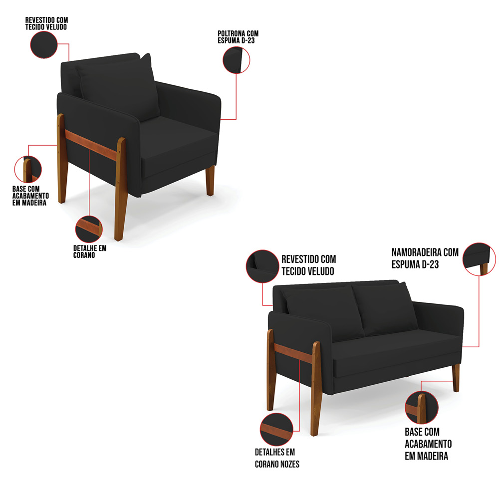 Kit 1 Sofá Namoradeira e 2 Poltronas Lana Veludo Preto Base de Madeira - D'Rossi