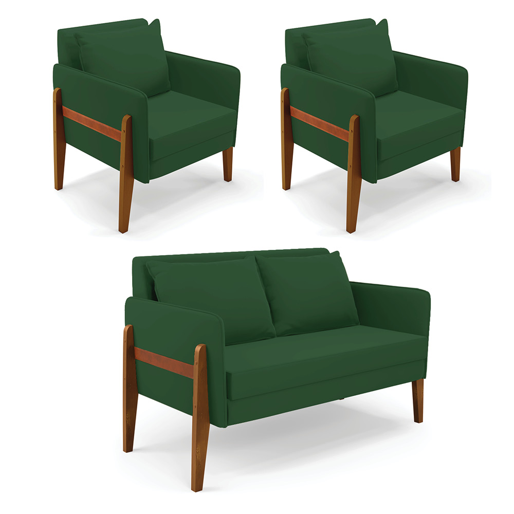 Kit 1 Sofá Namoradeira e 2 Poltronas Lana Veludo Verde Base de Madeira - D'Rossi