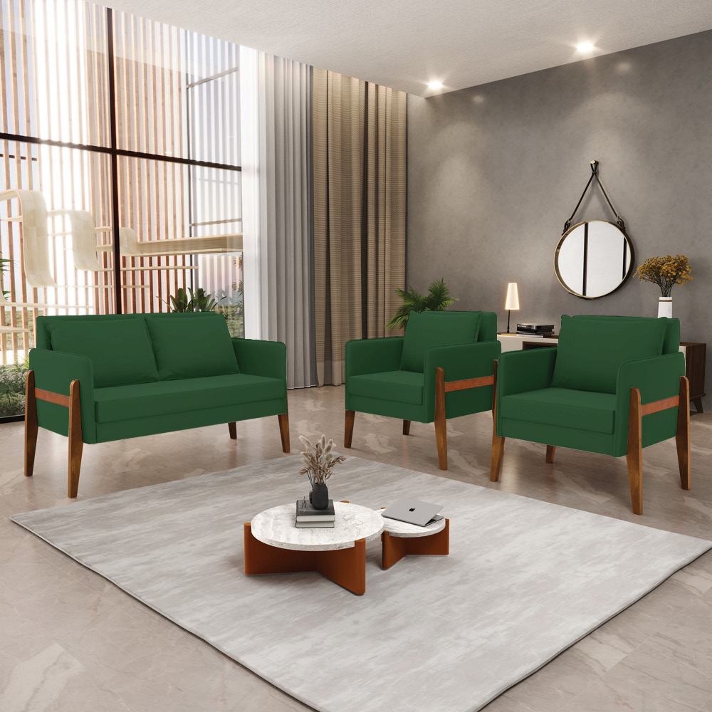 Kit 1 Sofá Namoradeira e 2 Poltronas Lana Veludo Verde Base de Madeira - D'Rossi