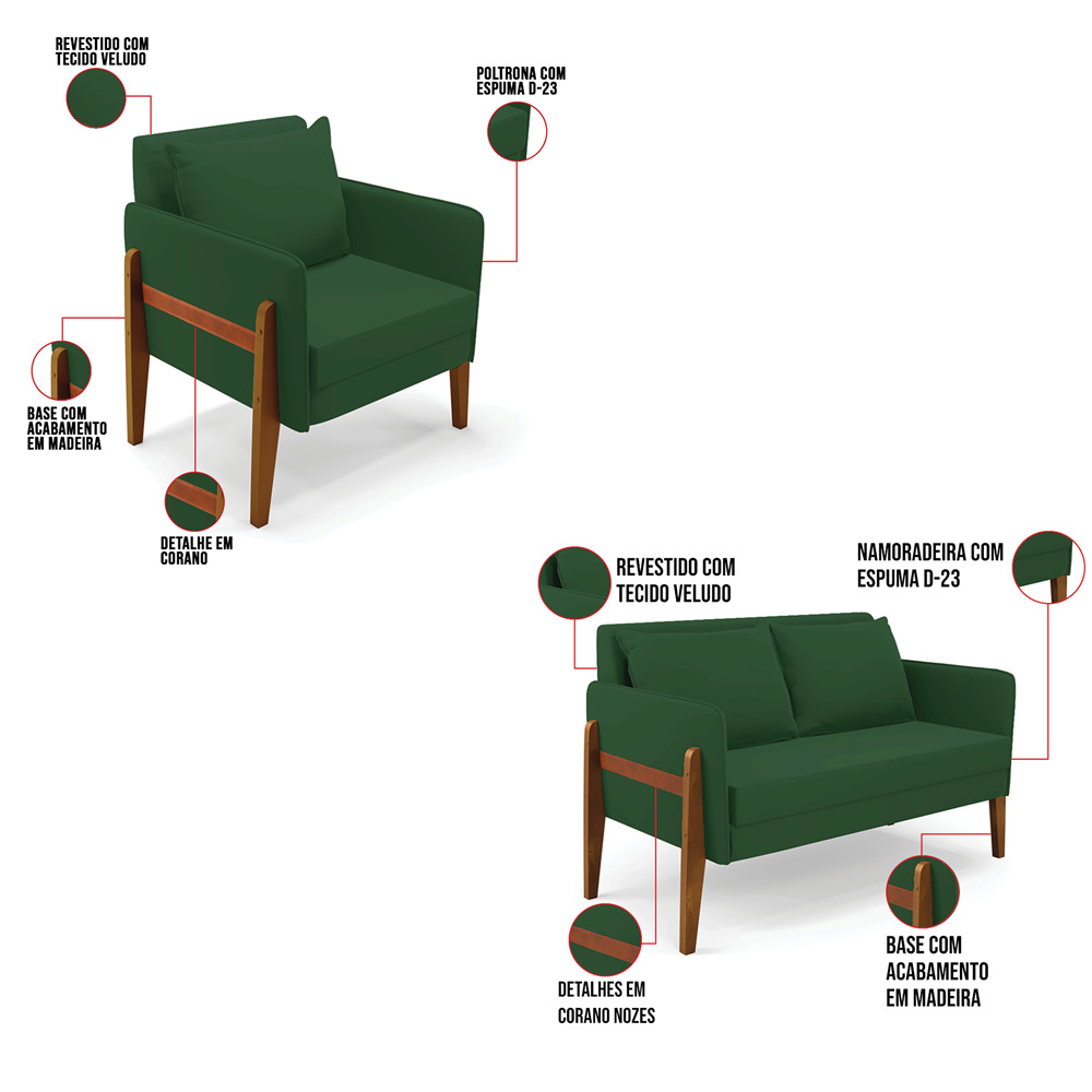 Kit 1 Sofá Namoradeira e 2 Poltronas Lana Veludo Verde Base de Madeira - D'Rossi