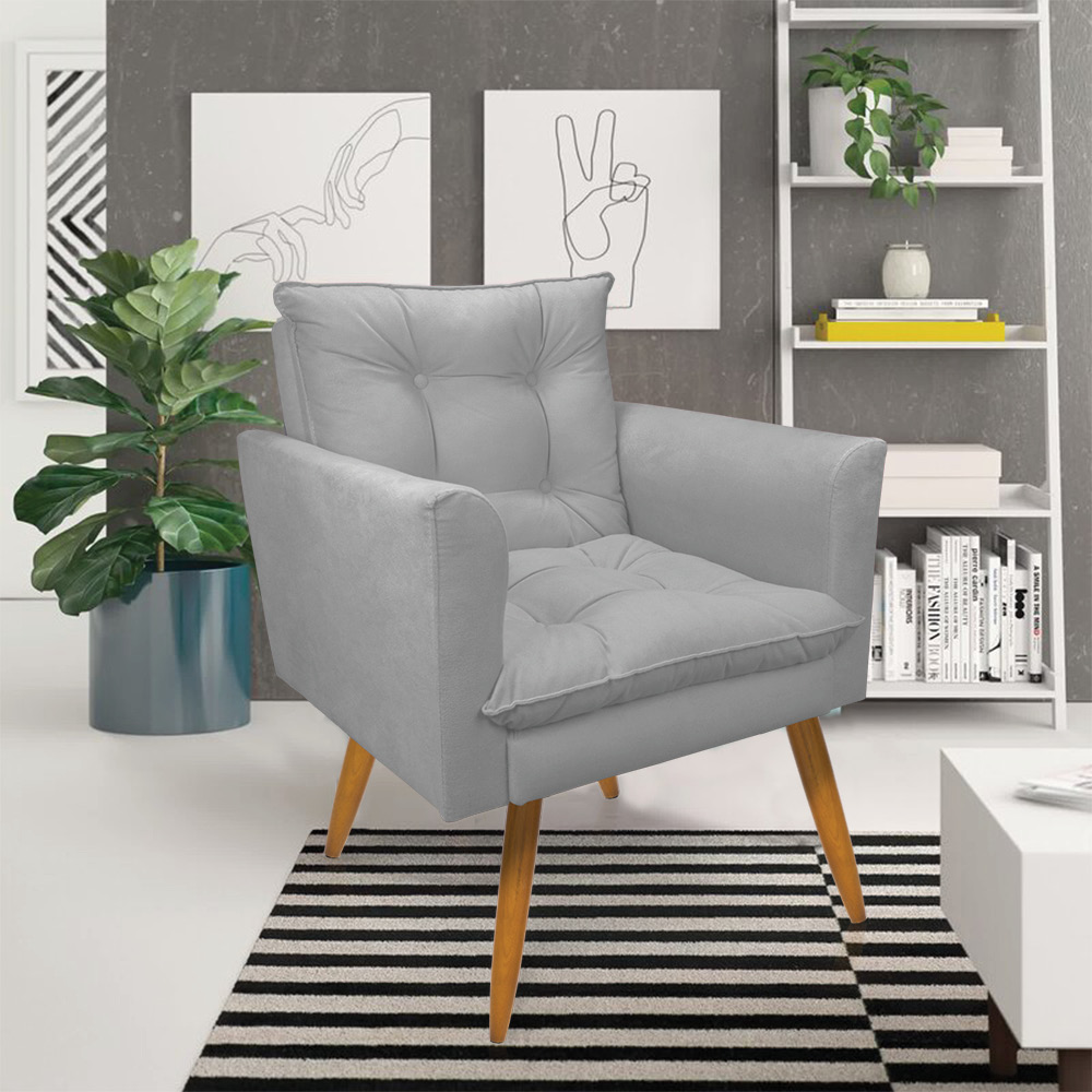 Kit 1 Sofá Namoradeira e 2 Poltronas Tais Suede Cinza Pés Palito Castanho - D'Rossi