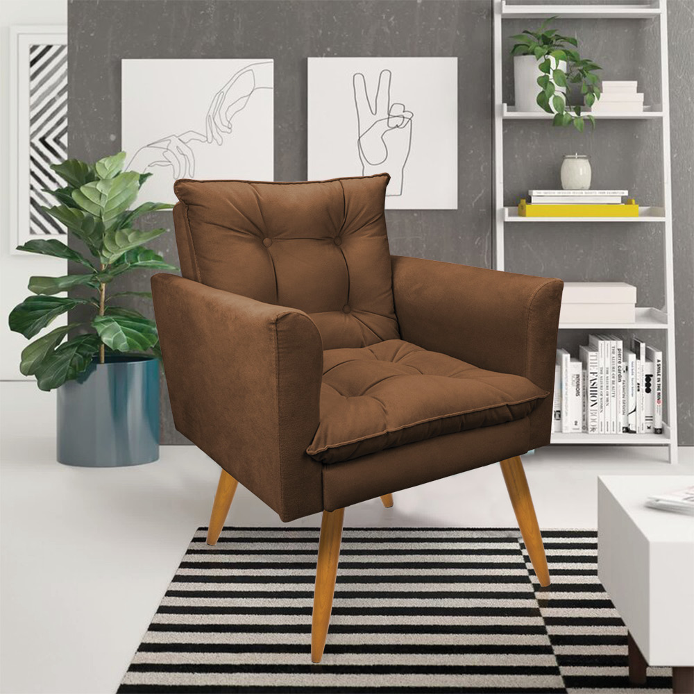 Kit 1 Sofá Namoradeira e 2 Poltronas Tais Suede Marrom Pés Palito Castanho - D'Rossi