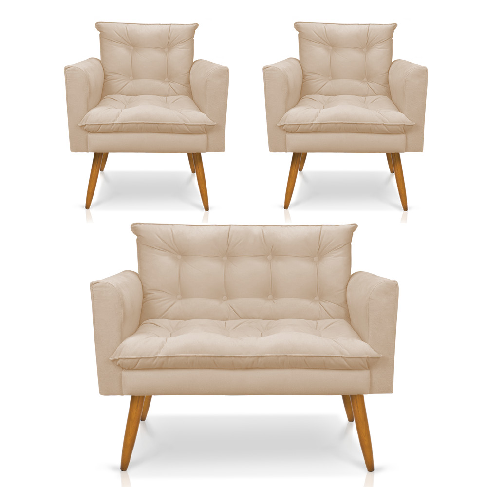 Kit 1 Sofá Namoradeira e 2 Poltronas Tais Suede Pés Palito Castanho - D'Rossi