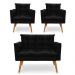 Kit 1 Sofá Namoradeira e 2 Poltronas Tais Suede Preto Pés Palito Castanho - D'Rossi