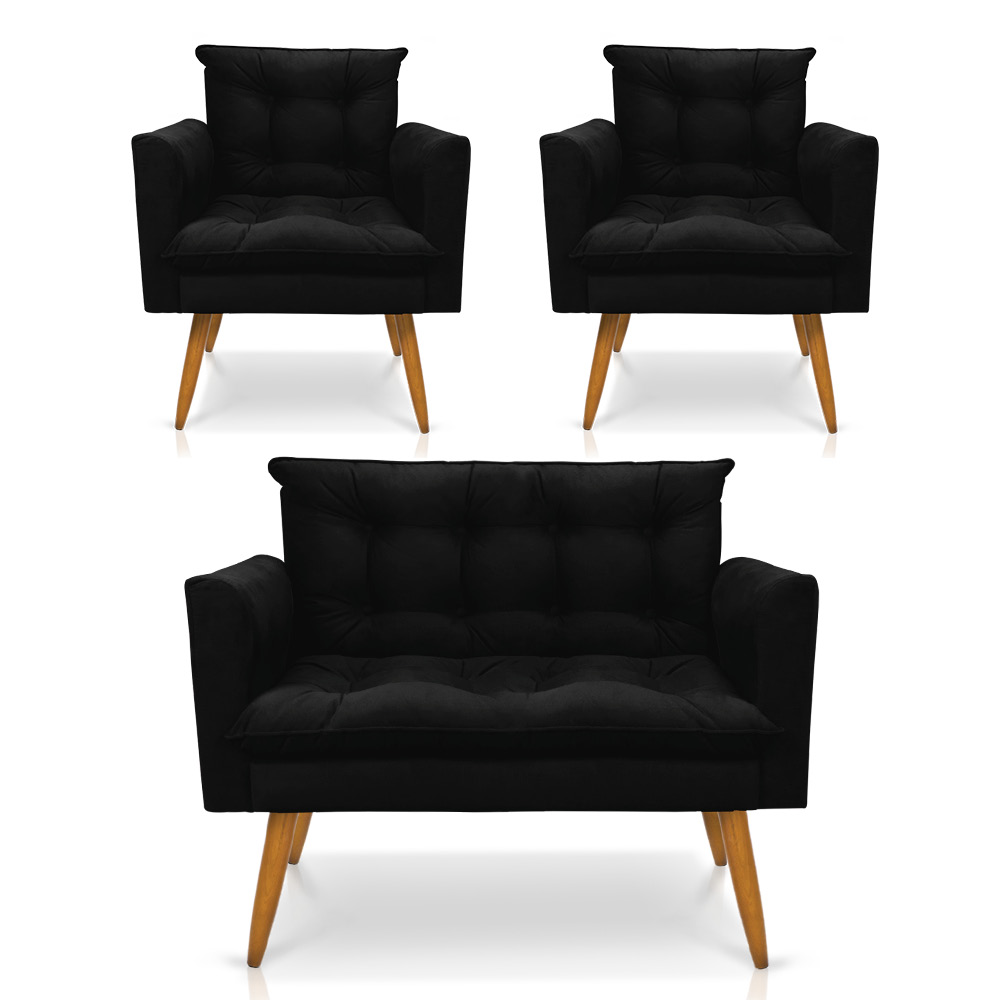 Kit 1 Sofá Namoradeira e 2 Poltronas Tais Suede Preto Pés Palito Castanho - D'Rossi