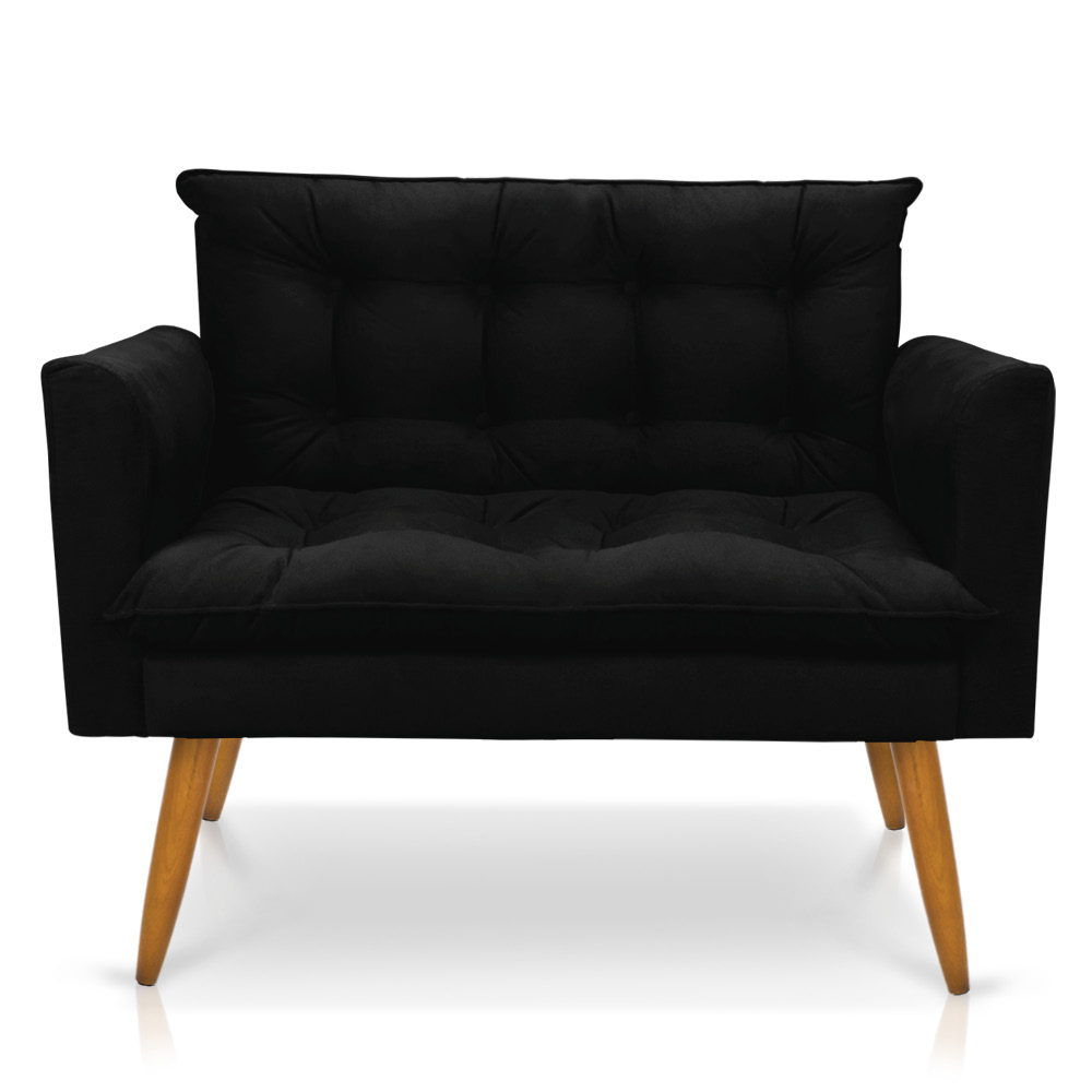 Kit 1 Sofá Namoradeira e 2 Poltronas Tais Suede Preto Pés Palito Castanho - D'Rossi