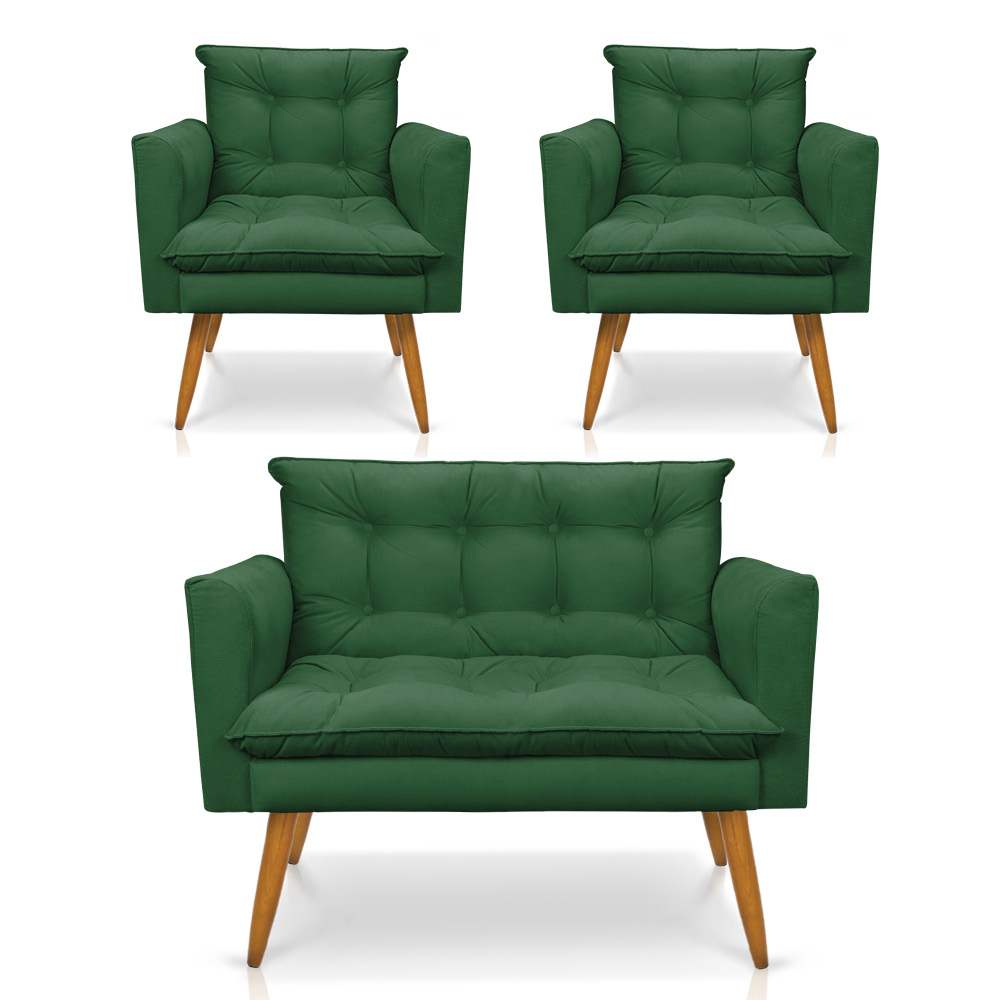 Kit 1 Sofá Namoradeira e 2 Poltronas Tais Suede Verde Pés Palito Castanho - D'Rossi