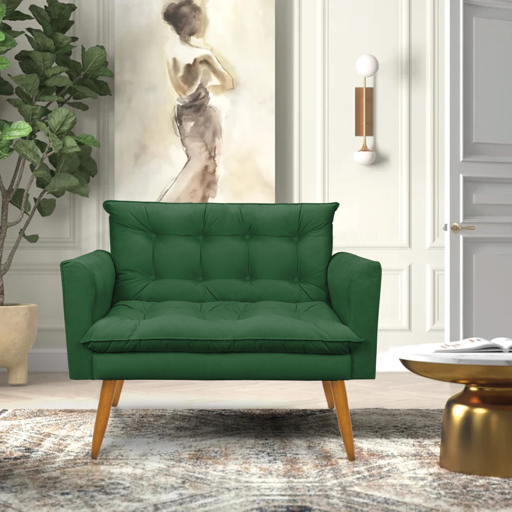 Kit 1 Sofá Namoradeira e 2 Poltronas Tais Suede Verde Pés Palito Castanho - D'Rossi