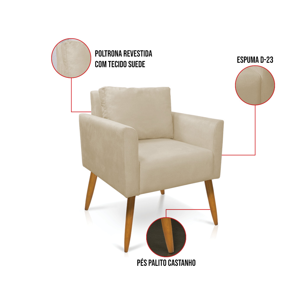 Kit 2 Poltronas Aline Suede Bege Pés Palito Castanho - D'Rossi