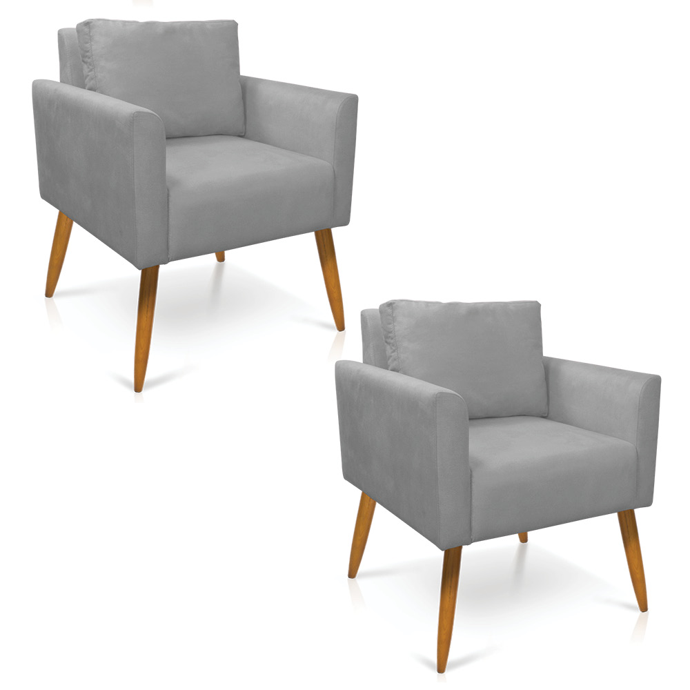 Kit 2 Poltronas Aline Suede Cinza Pés Palito Castanho - D'Rossi