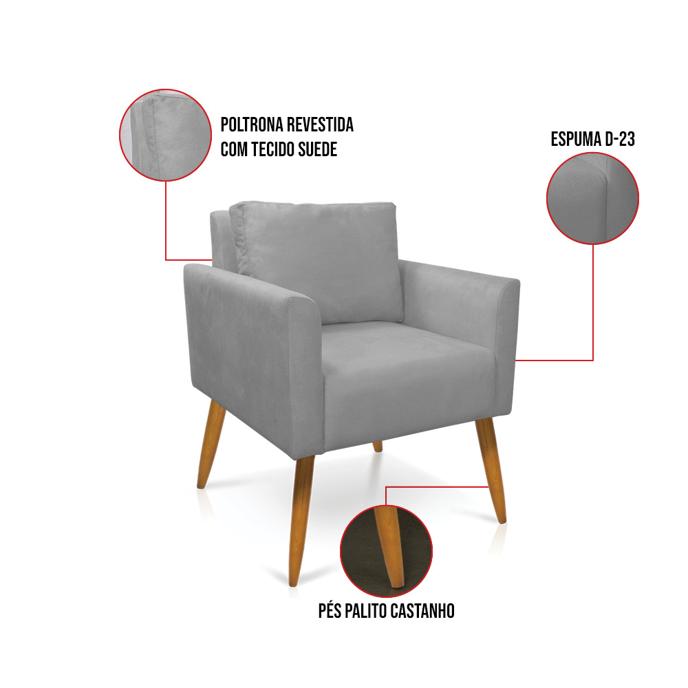 Kit 2 Poltronas Aline Suede Cinza Pés Palito Castanho - D'Rossi