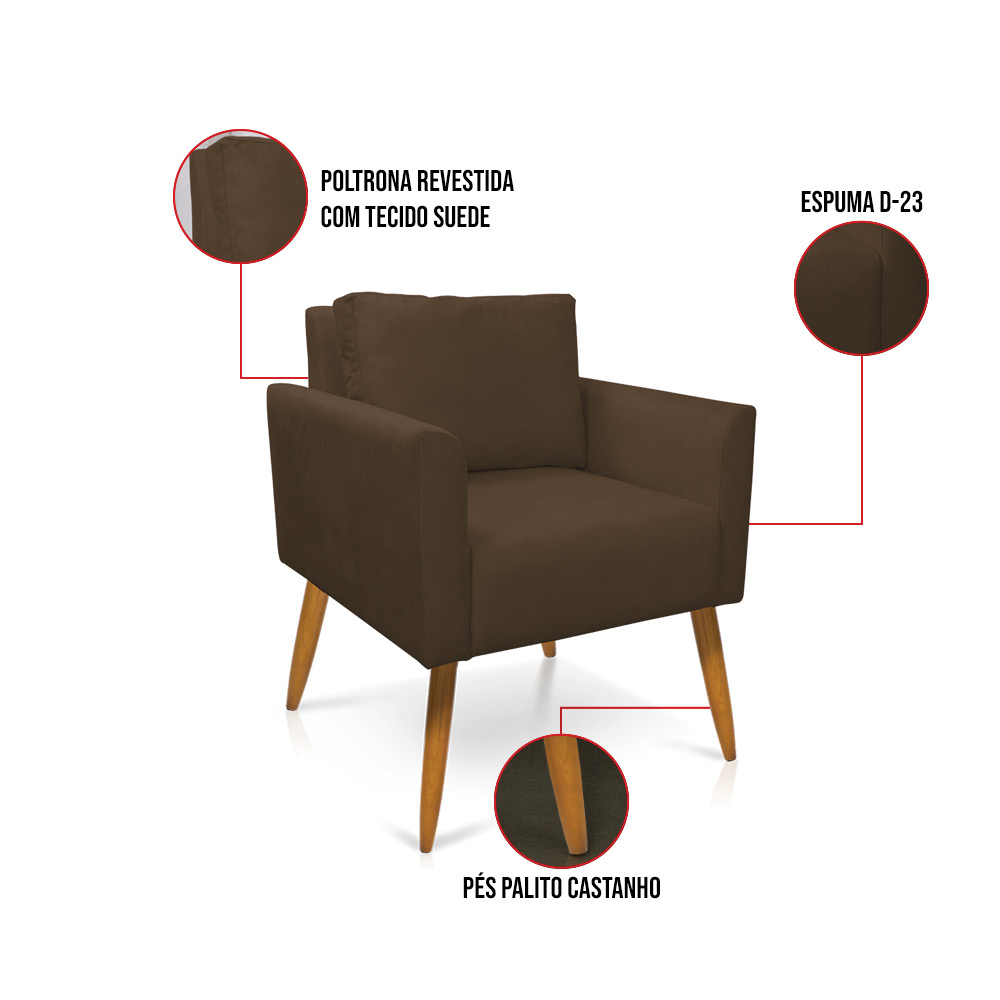 Kit 2 Poltronas Aline Suede Marrom Pés Palito Castanho - D'Rossi