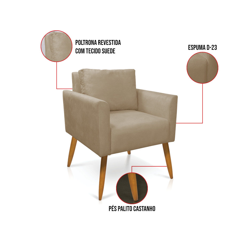 Kit 2 Poltronas Aline Suede Marrom Rato Pés Palito Castanho - D'Rossi
