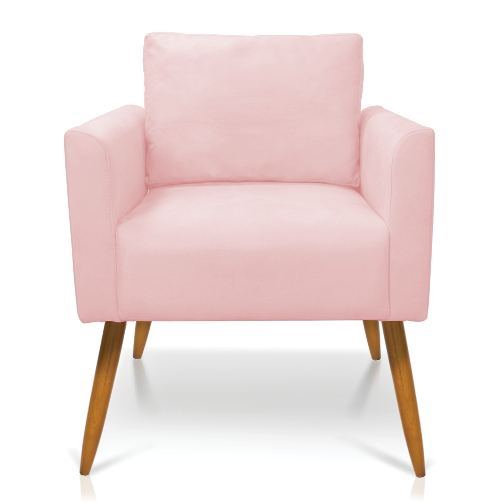 Kit 2 Poltronas Aline Suede Rosa Bebê Pés Palito Castanho - D'Rossi