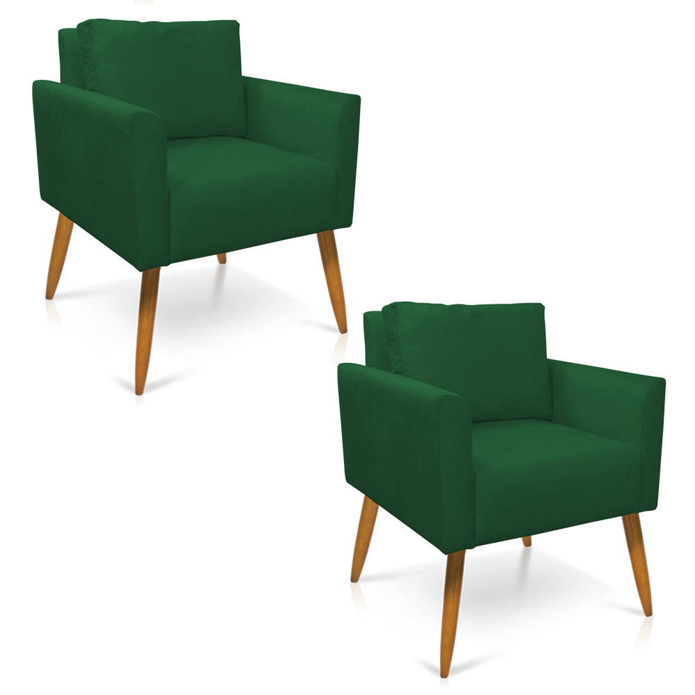 Kit 2 Poltronas Aline Suede Verde Pés Palito Castanho - D'Rossi