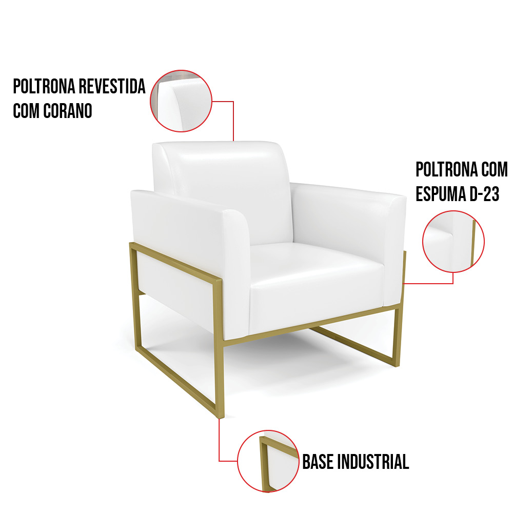 Kit 2 Poltronas Base Industrial Alta Dourado Marisa Corano Branco D03 - D'Rossi