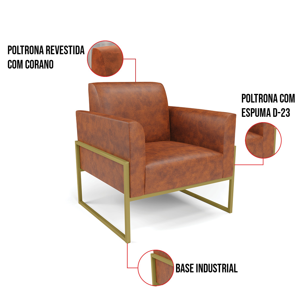 Kit 2 Poltronas Base Industrial Alta Dourado Marisa Corano Nozes D03 - D'Rossi