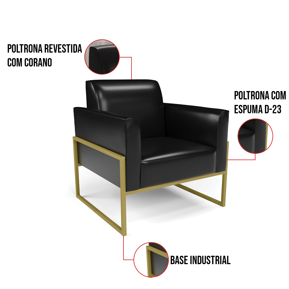 Kit 2 Poltronas Base Industrial Alta Dourado Marisa Corano Preto D03 - D'Rossi