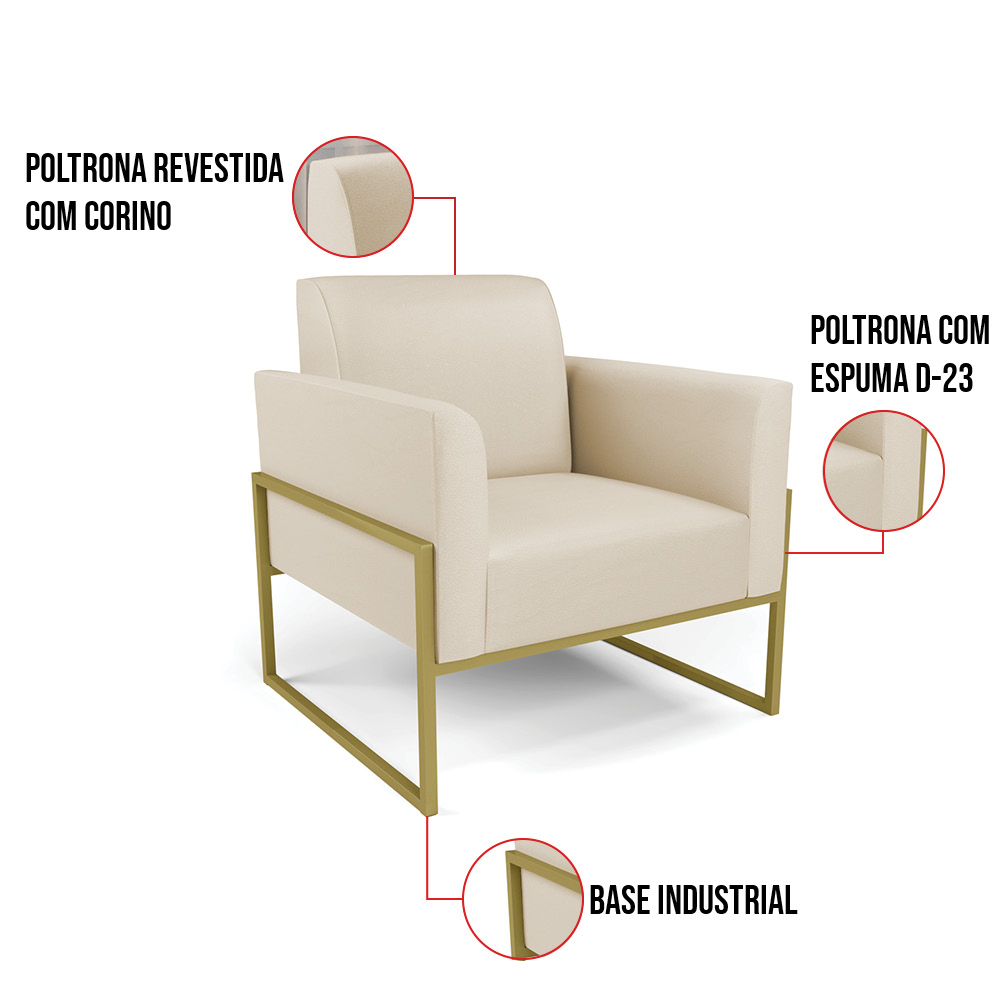 Kit 2 Poltronas Base Industrial Alta Dourado Marisa Corino Bege D03 - D'Rossi