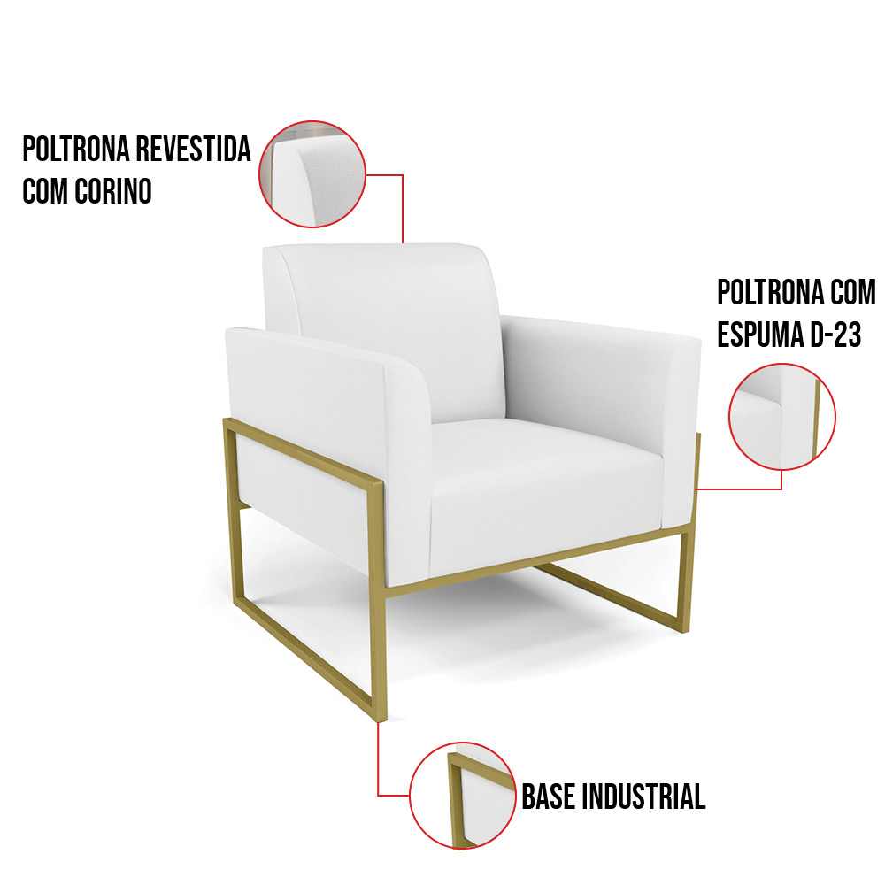 Kit 2 Poltronas Base Industrial Alta Dourado Marisa Corino Branco D03 - D'Rossi