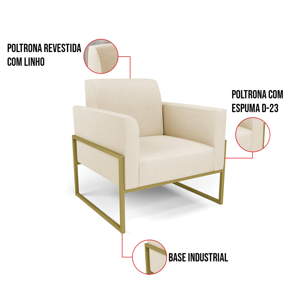 Kit 2 Poltronas Base Industrial Alta Dourado Marisa Linho Bege A19 D03 - D'Rossi