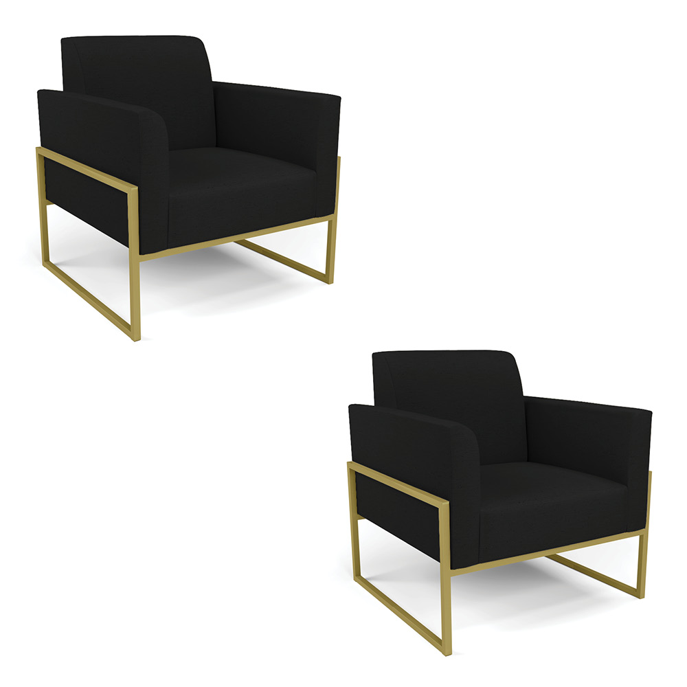 Kit 2 Poltronas Base Industrial Alta Dourado Marisa Linho Preto A79 D03 - D'Rossi