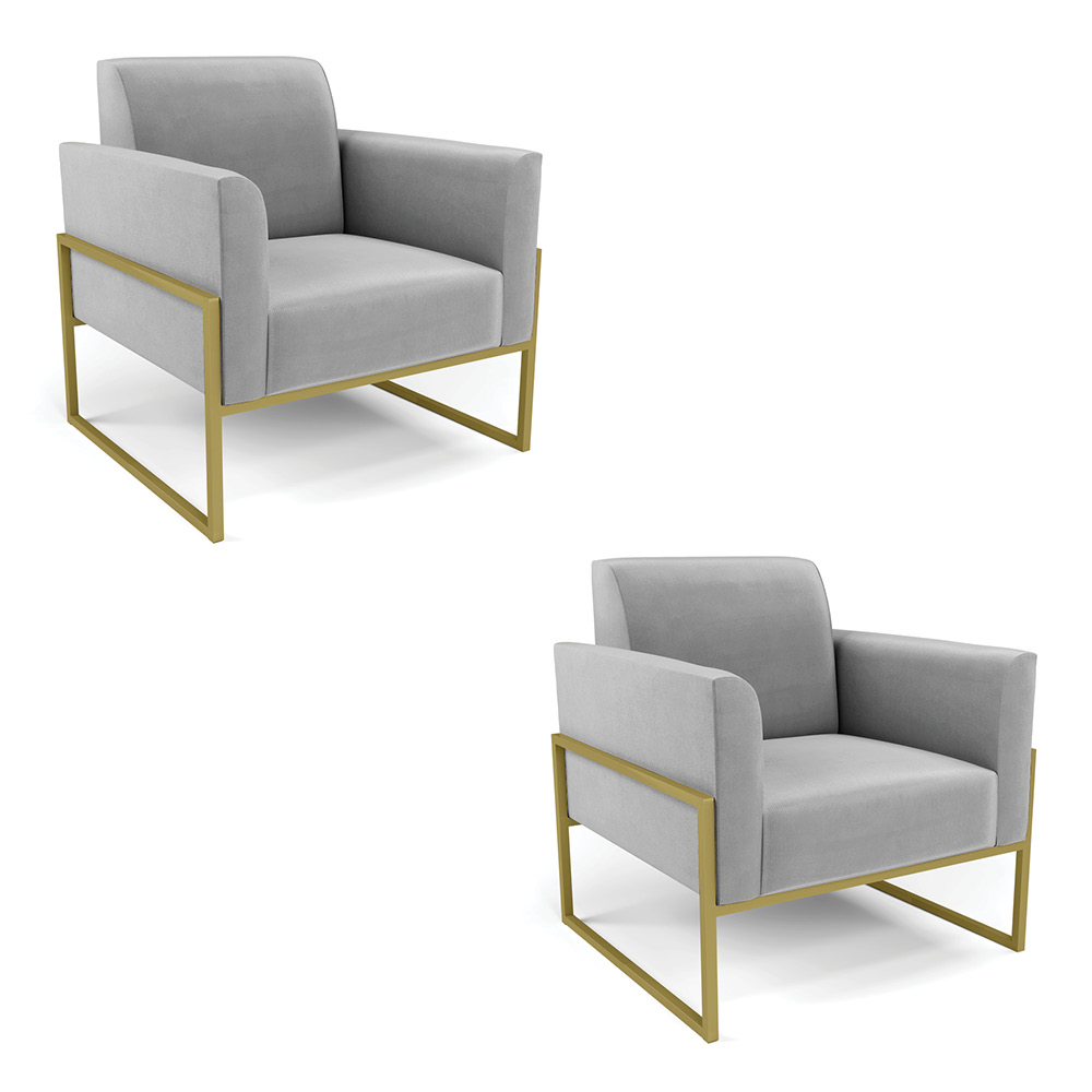 Kit 2 Poltronas Base Industrial Alta Dourado Marisa Suede Cinza D03 - D'Rossi