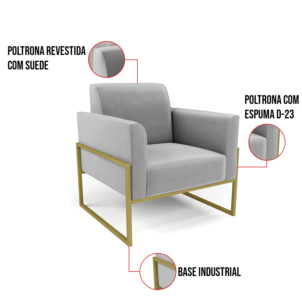 Kit 2 Poltronas Base Industrial Alta Dourado Marisa Suede Cinza D03 - D'Rossi