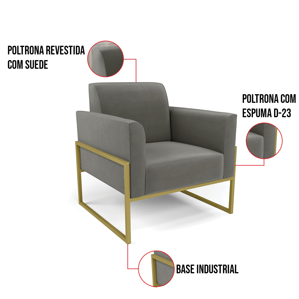 Kit 2 Poltronas Base Industrial Alta Dourado Marisa Suede Grafite D03 - D'Rossi