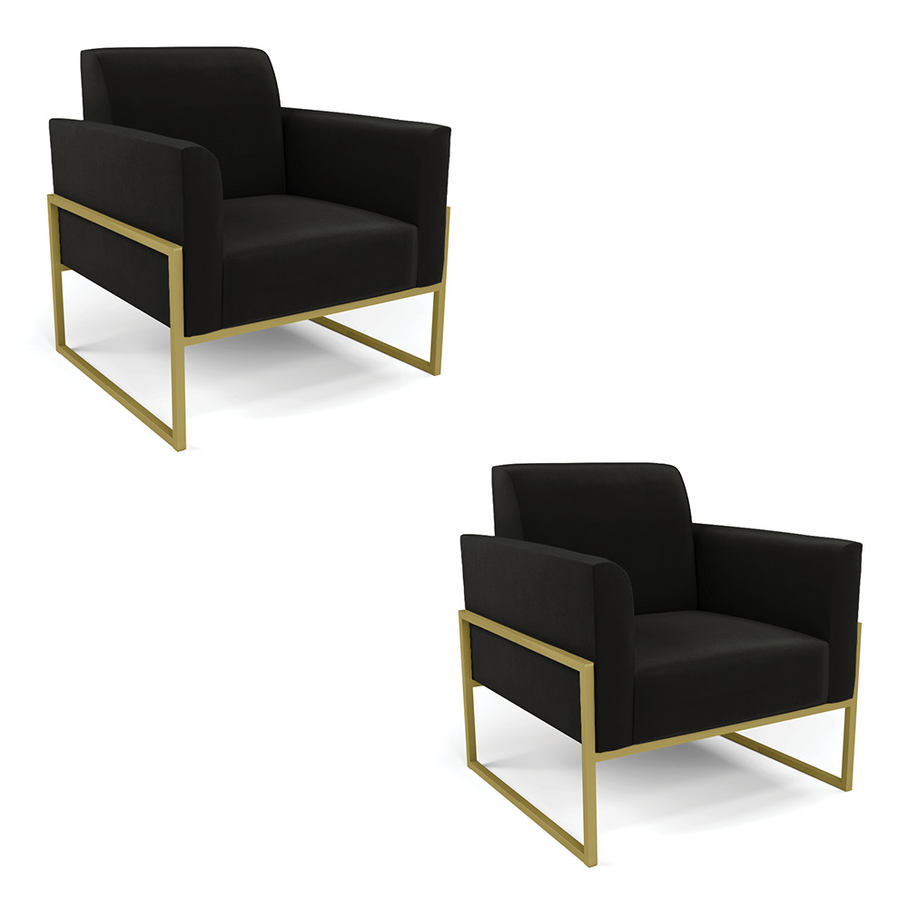 Kit 2 Poltronas Base Industrial Alta Dourado Marisa Suede Preto D03 - D'Rossi
