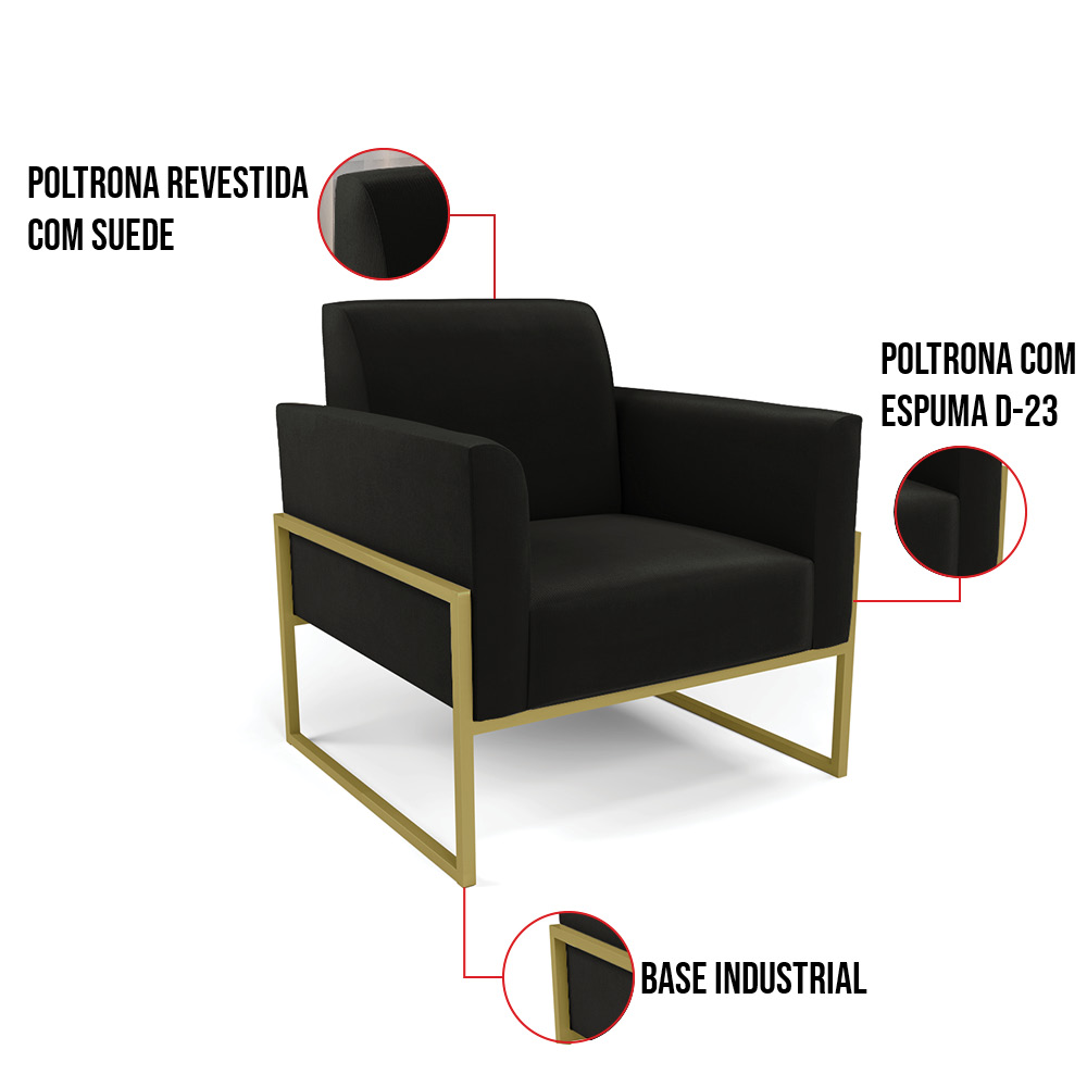 Kit 2 Poltronas Base Industrial Alta Dourado Marisa Suede Preto D03 - D'Rossi