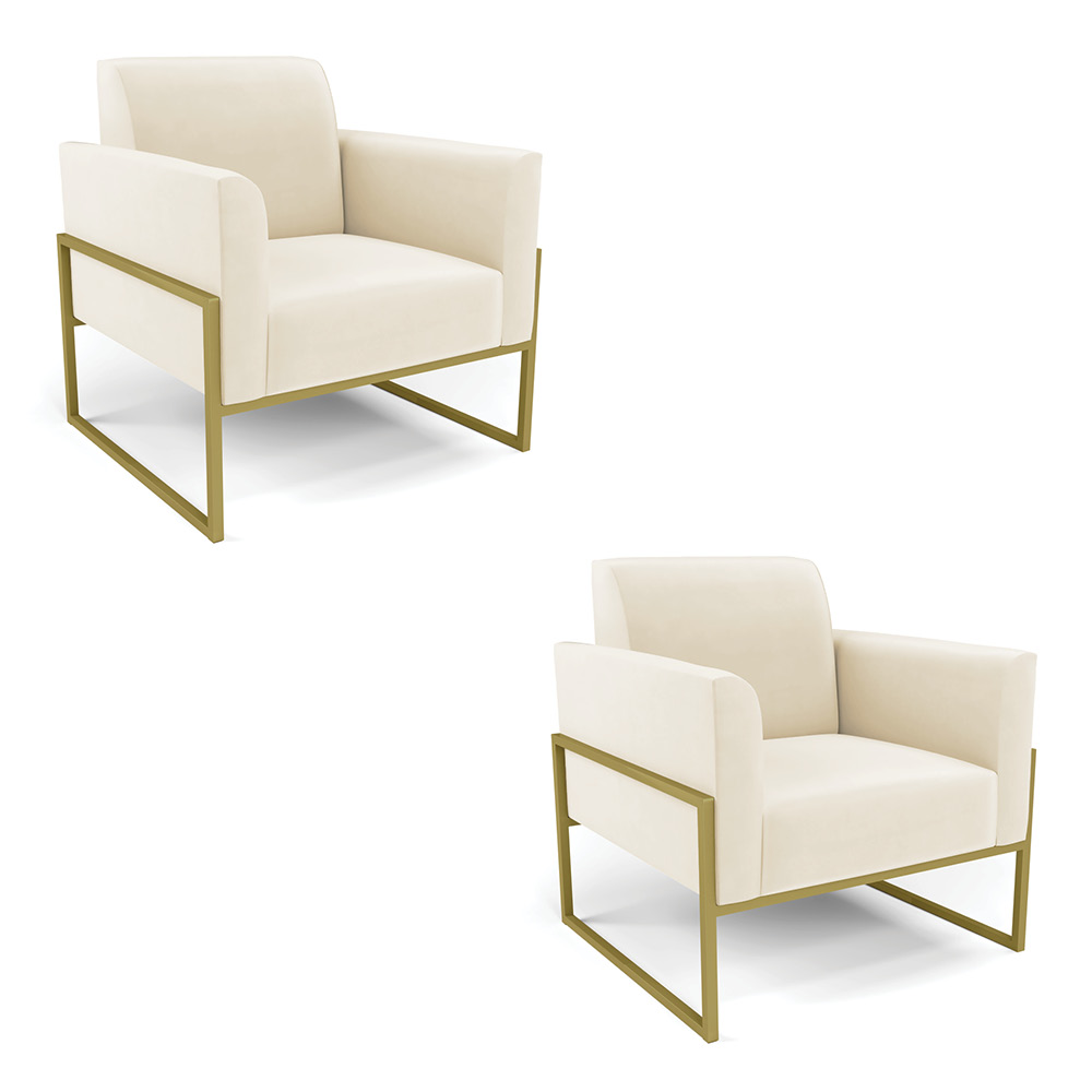 Kit 2 Poltronas Base Industrial Alta Dourado Marisa Veludo Bege D03 - D'Rossi