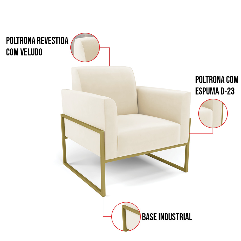 Kit 2 Poltronas Base Industrial Alta Dourado Marisa Veludo Bege D03 - D'Rossi