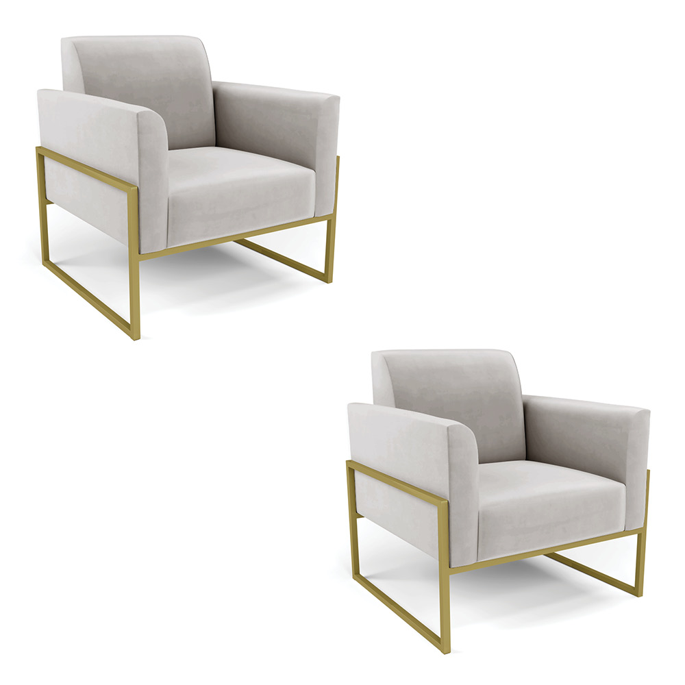 Kit 2 Poltronas Base Industrial Alta Dourado Marisa Veludo Cinza D03 - D'Rossi